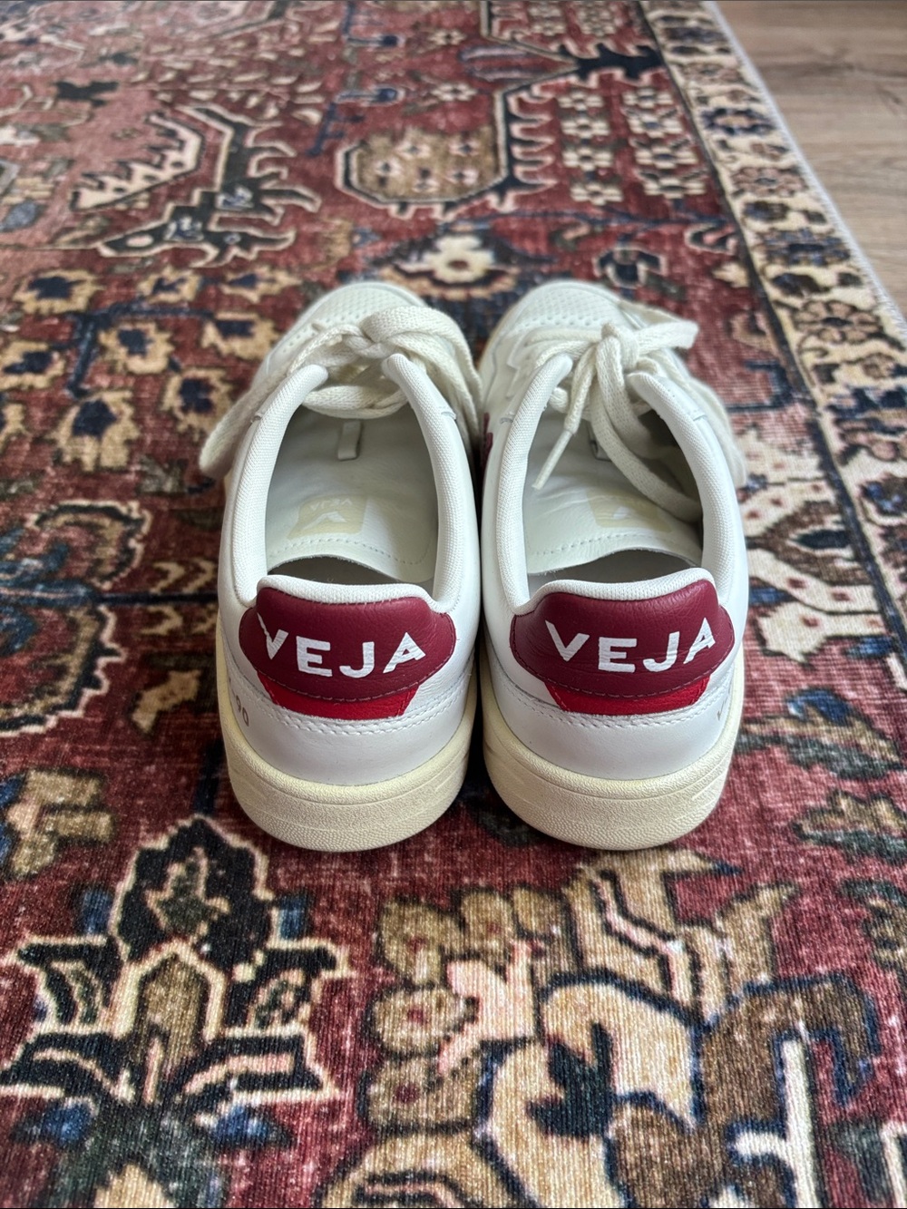 Veja V-90 White Leather Sneakers with Burgundy 'V' Accent - Picture 4 of 6